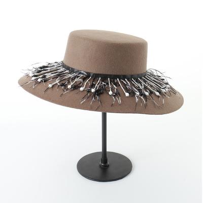 China New Flat Top L2345 Formal Hat Women's Vintage Felt Hat Customized High Quality Wool Fedora Hats Feather Chain 100% Cash Free Band for sale