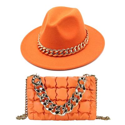 China 2023 New Spring L2312 Formal Fedora Hat Women's Handbag With Gold Chain Summer Lady Fashion Accessories Women'S Fedora Hat And Bag Set for sale