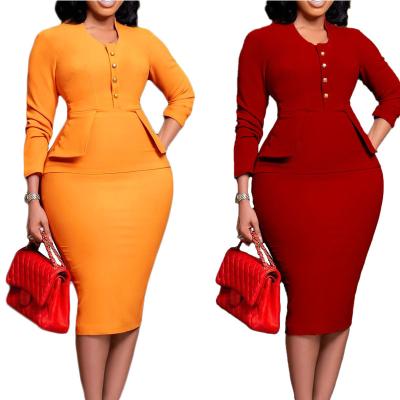 China L2330 Ladies Office Anti-Static Solid Simple Party Dress For Fat Women Long Sleeve Plus Size Spring Sexy Women's Grace Hip Lift Dress Suit for sale