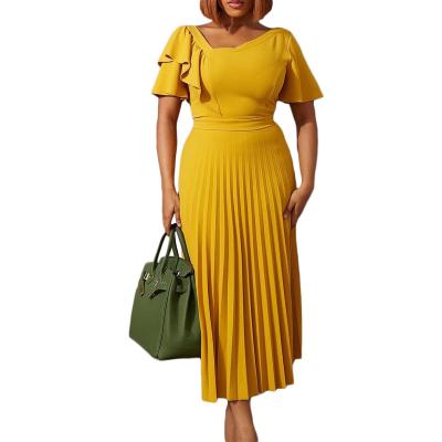 China L2331 Anti-Static Plus Size High Waist Ruffles Sheath Pleated Dress For Women Office Career Midi Dresses Pleated Elegant Dress for sale