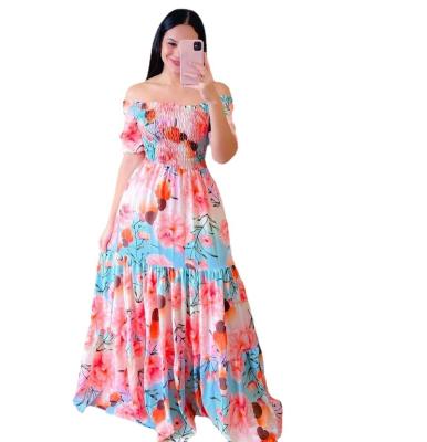 China L2339 Women's Floral Printing Anti-Static Plus Size Dresses 2023 Summer Long Off-the-Shoulder Printed Pleated Dresses Casual Dress For Women for sale