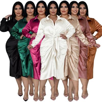 China L2340 Anti-Static Plus Size Women's Dresses Sheath Long Fashion Solid Color Tie Shirt Hot Selling Casual Silk Pleated Dress For Women for sale