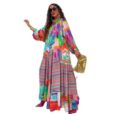 China L2356 Anti-Static V-neck Printed Dress Summer Women's Long Skirt Pleated Sleeve Plus Size Loose Casual Dress Hot Selling Women's Dresses for sale