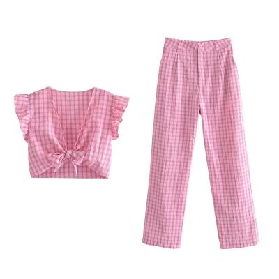 China New PB&ZAFemale breathable wear fashion V-neck lace up plaid sleeveless top chic pink culottes woman wais leisure high pant set for sale