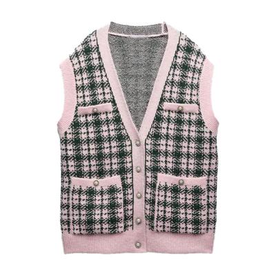 China Za QUICK DRY Women 2022 New Chic V Neck Sleeveless Female Vest Tops Fashion Knitted Vest Sweater Vintage Plaid for sale