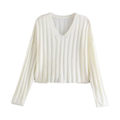 China BMURHMZA2021 Autumn New Women's Fashion All-match Solid Color Short Ribbed Knit Sweater V-Neck Ladies Sweater for sale