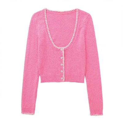 China BMURHMZA2022 Anti-wrinkle women's straight pink knitted jacket spring and summer new temperament soft short square collar for sale