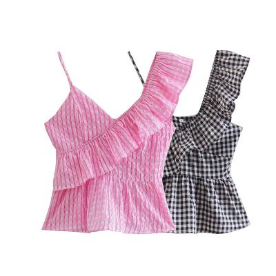 China PB&ZA 2022 women clothing female new Fashionvintage plaid cross-shoulder suspender two-colo viable crop top backless summer top for sale