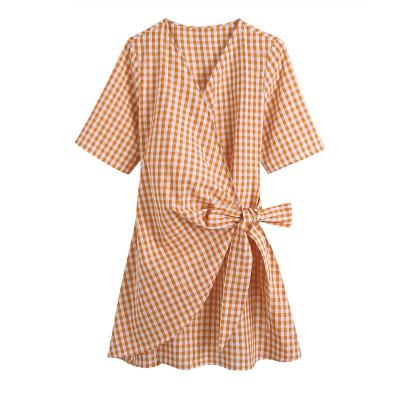 China 2021 New Fashion Women's Lattice V-Neckline Anti-Static Chic Mini Dress Vintage Short Sleeve Lace Up Female Dresses Mujer for sale