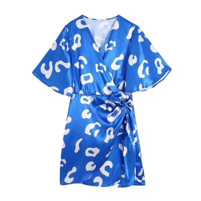 China 2022 New Fashion Women's Anti-Wrinkle PB&ZA Print Decoration Bow Chic V-Neck Mini Dress Vintage Short Sleeve Female Dresses Vestidos Mujer for sale