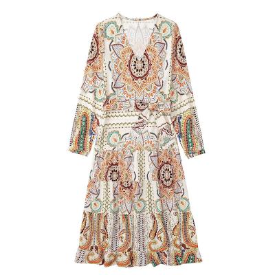 China 2022 New Fashion Print Midi Dress Vintage Anti-Static V-Neck Women's PB&ZA Long Sleeve Female Dresses Vestidos Maxi Dress Mujer for sale