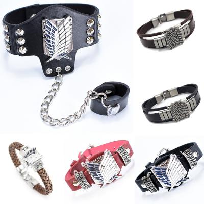 China Metal Anime Attack on Titan Bracelet Men's Wings Liberty Wristband Women's Metal Bracelet Leather Chain Bracelet Punk Gift No Kyojin for sale