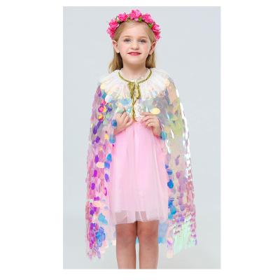 China Girls Little Mermaid Halloween Polyester Costume Kid Costume Cloak Colorful Sequin Christmas Fairy Princess Cape Sequin Dress Wig for sale