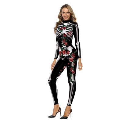 China Adult Skeleton Jumpsuit 3d Digital Printing Halloween Skeleton Sexy Long Sleeve Jumpsuit Women Costume Cosplay Jumpsuit for sale