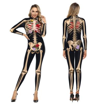 China Adult Skeleton Jumpsuit 3d Digital Printing Women Sexy Skeleton Long-sleeves Jumpsuit Halloween Costume Cosplay Jumpsuit For Girls for sale