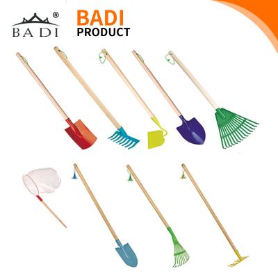 China Carbon Steel Kindergarten Tool Kit with Child Shovel Hoe and Leaf Rake Safe Gardening Kit with Long Wooden Handles Kids Play Toy for sale