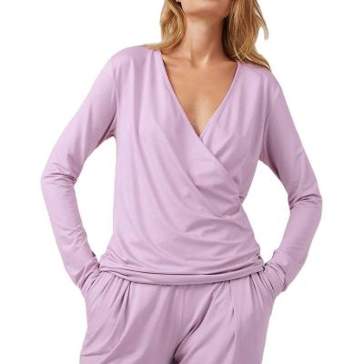 China Breathable Pyjamas Women Sleepwear V Neck Long Sleeve Pj Set Light Purple Lounge Wear Slim Fit Pajama Set For Women for sale