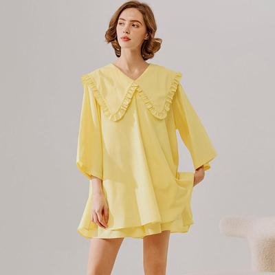 China Breathable Summer Three Quarters Sleeve Peter Pan Collar Yellow Pyjamas 2 Pieces Set Cotton Pajamas For Women Set for sale