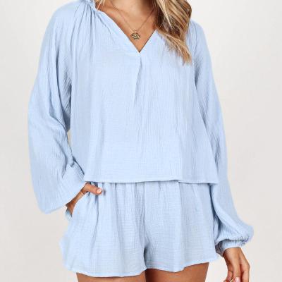 China Breathable Custom Loungewear Summer Sleepwear Ladies Pajama V Neck Womens Light Blue Set Cotton Pajama Sets Shorts And Long Sleeves Shirts for sale