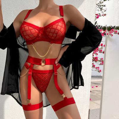 China Red Pattern Mesh See Through Push Up Barrier Trims Bra and Brief Set Red Pattern Mesh See Through Push Up Barrier Trims Bra and Brief Set with Decorative Metal Gold Chain Bustier Corset garter belt for sale