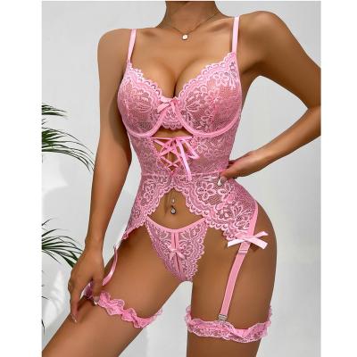 China Pink Sheer Lace Garter Basque Lingerie Set Pink Sheer Lace Garter Lingerie Basque Set Mini Bow Decorate Funny Women Nightgowns With Lace Leg Rings for sale