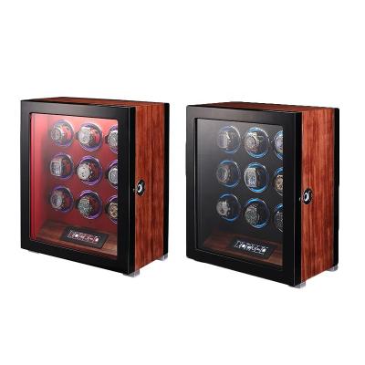 China Eco-friendly High Quality Wooden Rotating Led Orbit Watch Box Winder 12 Slots LCD Screen Light Touch Fingerprint Automatic Winders for sale