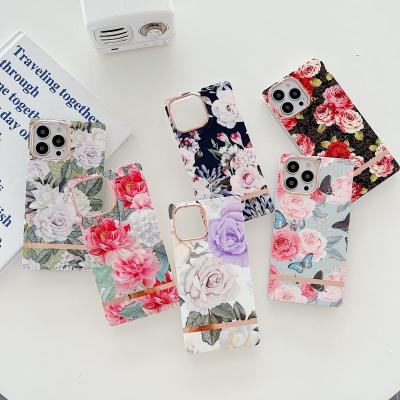 China Hot selling amazon shockproof tpu square case for cell phone 13 luxury metal rose flower cell phone case cover for iphone 13 pro max shell for sale