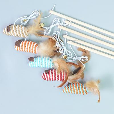 China Viable Interactive Feather Cat Educational Toy Wooden Stick Small Pet Bell Teasing Cat Stick for sale