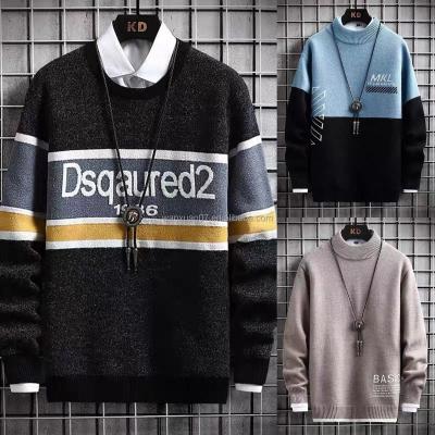 China Customized winter anti-pilling men's pullover woolen sweater men's solid color collar top thickened printing sweater men for sale