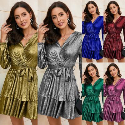 China Sexy Summer Formal Dry Cleaning Drawstring Plus Size Women's Clothing Dress V Neck Long Sleeve Ruched Mini Cocktail Dress for sale