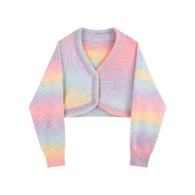 China Breathable Rainbow Gradient Knit Sweater Women Loose Crop Top Warm Short Cardigan Sweater for sale