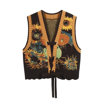 China Breathable Women's Early Autumn V-Neck Style Vintage Sunflower Knitted Ethnic Sweater Vest for sale