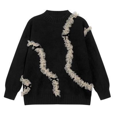 China Women's New 2023 Women's Oversized Sweater Lace Sweater Breathable Black Loose Soft Pullover Sweater for sale