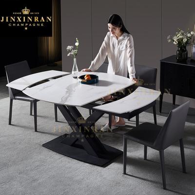 China Customized Top White Extendable Dining Table Space Saving Furniture Metal Iron Modern Black Slate Stone Dining Table Legs Extendable Dining Table for sale