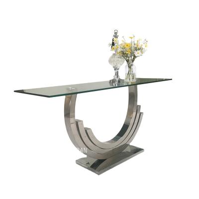 China Elegant stainless steel console table sliver top modern metal base wholesale glass top living room table for sale