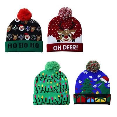 China Party Cartoon Pattern Christmas Gift For Kids New Year Supplies Christmas Hats Sweater Santa Elk Knitted Beanie Hat With LED Light Up for sale