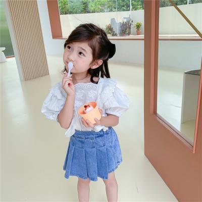 China Elastic waist pleater shorts SK053 manufacturers breathable pleated skirts RTS kids lattice skirts bule denim skirt for young girls for sale