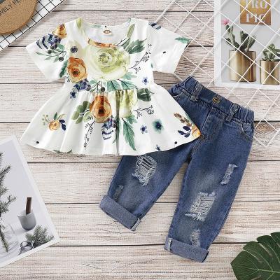 China Blue Jean Set Girl Children Cloth Spring Summer Flower Kid Casual Floral Short Shirt Jean Beautiful Rose Flower Flounces Top Blue Set for sale