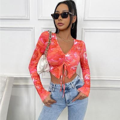 China Wholesale High Strength Sexy Slim Fit Plain Sexy Slim Fit Anti-wrinkle Full Sleeve Ladies V-Neckline Anti-Wrinkle Fashion Crop Top for sale