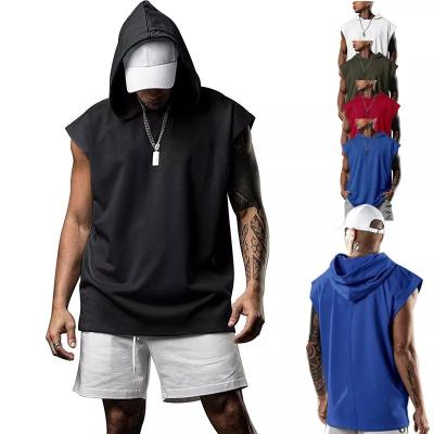 China Anti-Wrinkle White Solid Custom Gym Plus Size Muscle Men's Pullover 100% Cotton Fit Sleeveless Hoodie Men's Workout Running Single Men for sale