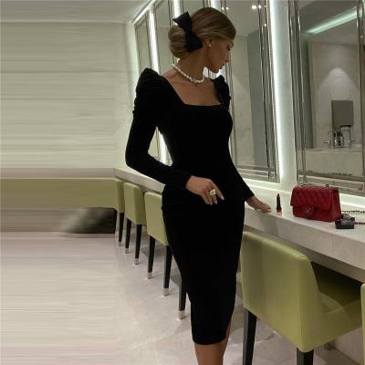 China Black Square Bodycon Celebrity Party Club Midi Style Vestidos Women Breathable Collar Long Sleeve Dress New Dresses for sale