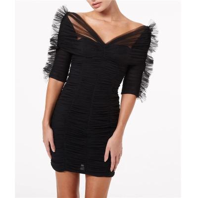 China New Breathable Fashion Half Sleeve Women Dress Black Mesh Patchwork Ruched Bodycon Mini Vestidos Summer Party Club Ladies Dresses for sale