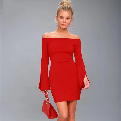 China New Arrival Breathable Hot Selling Red Women Bandage Long Sleeve Dress Slash Neck Flare Sleeve Celebrity Evening Party Bodycon Dresses for sale