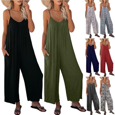 China 2022 Solid Color QUICK DRY Pocket Summer Lady Dungarees Casual Wide Leg Strap V Neck Overalls Loose Overalls for sale