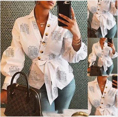 China 2021 Spring Women Blouses Shirt Breathable Loose V-Neck Tie Ladies Print Female Blouse Tops for sale