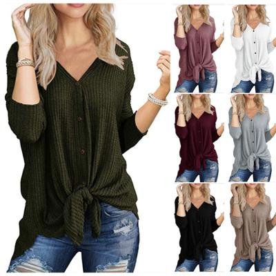 China 2020 New Arrival Women's Breathable Waffle Knit Knot Henley Tops Loose Fitting Bat Wing Plain Tunic Blouse Tie Shirts for sale