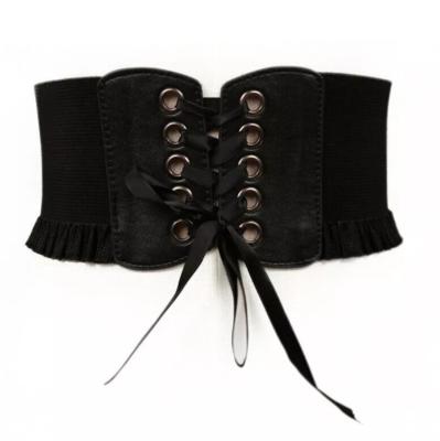 China Wide Elastic Waist Corset Corset Women Fashion Antibacterial Lady Stretch Buckle Waist Around Bowknot Strap Tie PU Leather for sale