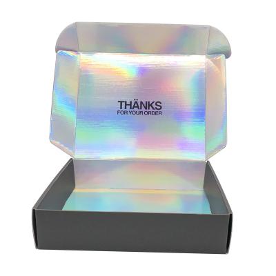 China Handmade Custom Tuck Black Holographic Hologram Printed Shipping Box Shiny Packaging Clothing Black and Gold Corrugated Mailer Box for sale