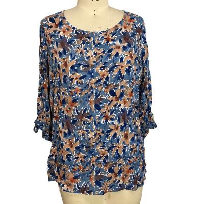 China Customization Anti-pilling Women's Floral Blouses Shirts With Colorful Bows O-neck Tops For Ladies Blue Molded Shirt Half Sleeve for sale