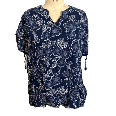 China Custom Women's Anti-Pilling Blouses Floral Shirts Digital Printing V-Neckline Full With Button Elastic Rope Sleeve For Ladies Navy for sale